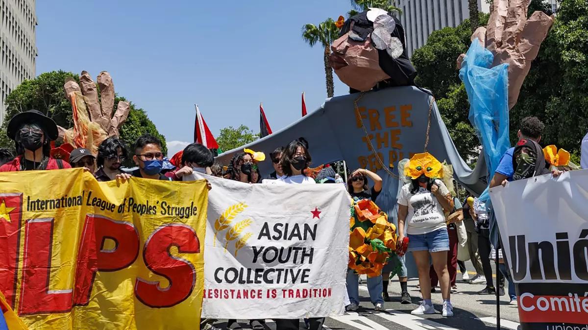 A large puppet made by the East Yard Communities for Environmental Justice representing "Free the land, Free the water and Free the people" arrives at the May Day demonstration near City Hall on Friday, May 1, 2026, in Los Angeles. (Gina Ferazzi/Los Angeles Times/TNS)