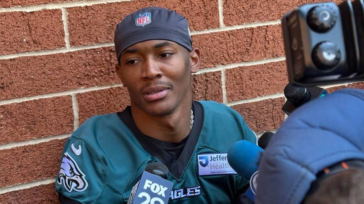  Eagles WR DeVonta Smith speaks to reporters after an OTA practice on June 2, 2026. | John McMullen/Eagles on SI 