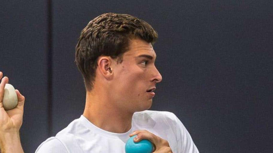  Fernando Mendoza participates in Indiana University's Pro Day at Mellencamp Pavilion on Wednesday, April 1, 2026. | Rich Janzaruk/Herald-Times / USA TODAY NETWORK via Imagn Images 