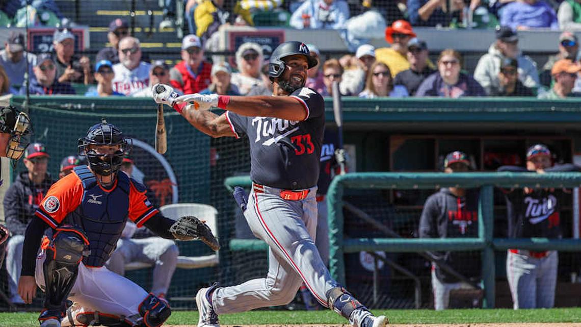  Feb 23, 2026; Lakeland, Florida, USA; Minnesota Twins center fielder Emmanuel Rodriguez (33) bats during the second inning against the Detroit Tigers at Publix Field at Joker Marchant Stadium. | Mike Watters-Imagn Images 