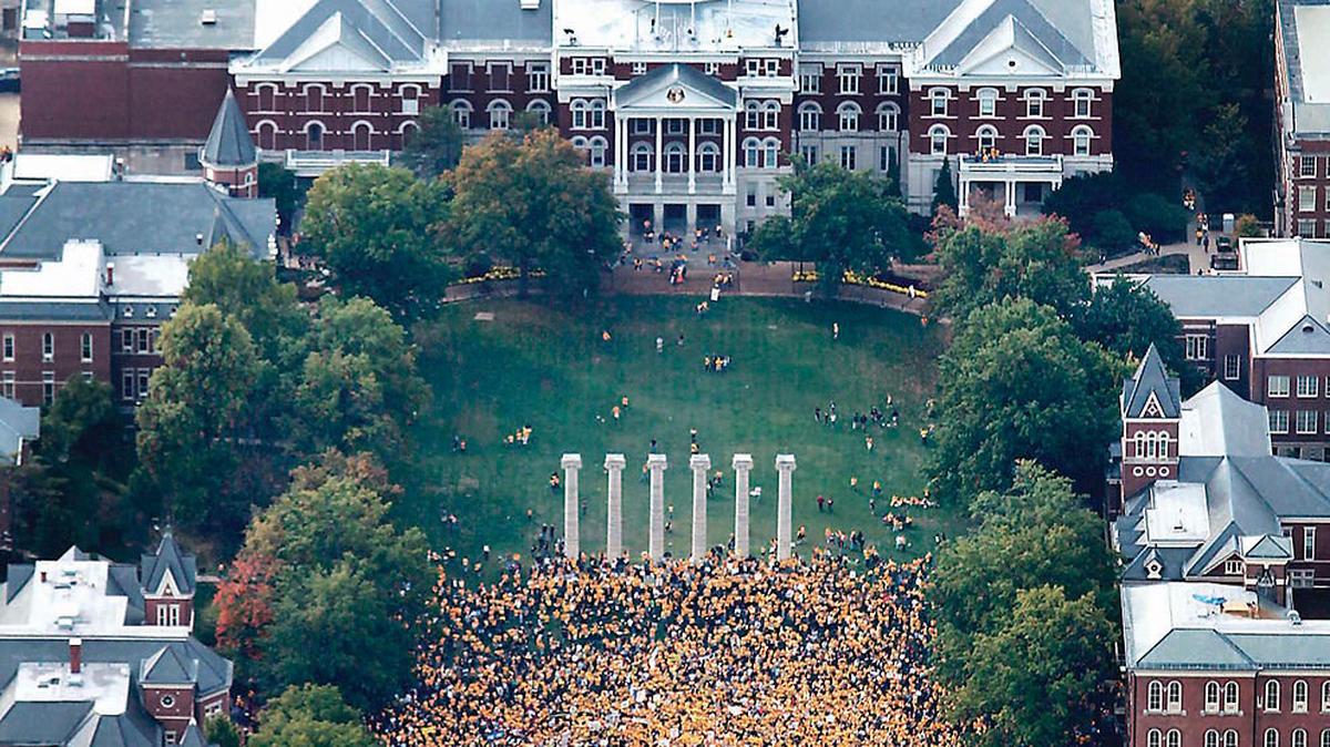 A sea of black-and-gold-clad Missouri Tigers fans fill half of Francis Quadrangle on Oct. 23, 2010, for the broadcast of ESPN's "College GameDay" on Homecoming at Mizzou. It was the first time the ESPN crew had ever visited campus for the show.