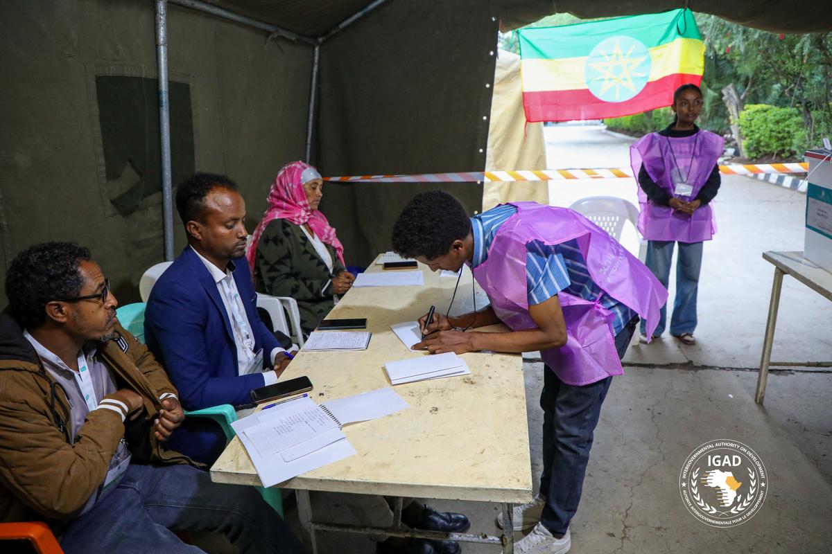 National Election Board of Ethiopia (NEBE) officials process voters at a polling station during the parliamentary and regional elections in Addis Ababa, Ethiopia, June 1, 2026. The Intergovernmental Authority on Development (IGAD)/Handout via REUTERS