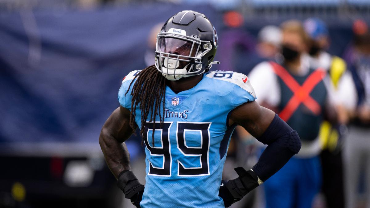 FILE - Tennessee Titans outside linebacker Jadeveon Clowney (99) pauses between plays against the Pittsburgh Steelers during the first half of an NFL football game in Nashville, in this Sunday, Oct. 25, 2020, photo. Clowney will chase quarterbacks and a Super Bowl title with the Browns. The dynamic free agent defensive end signed a one-year, $10 million contract with Cleveland on Wednesday, April 14, 2021.