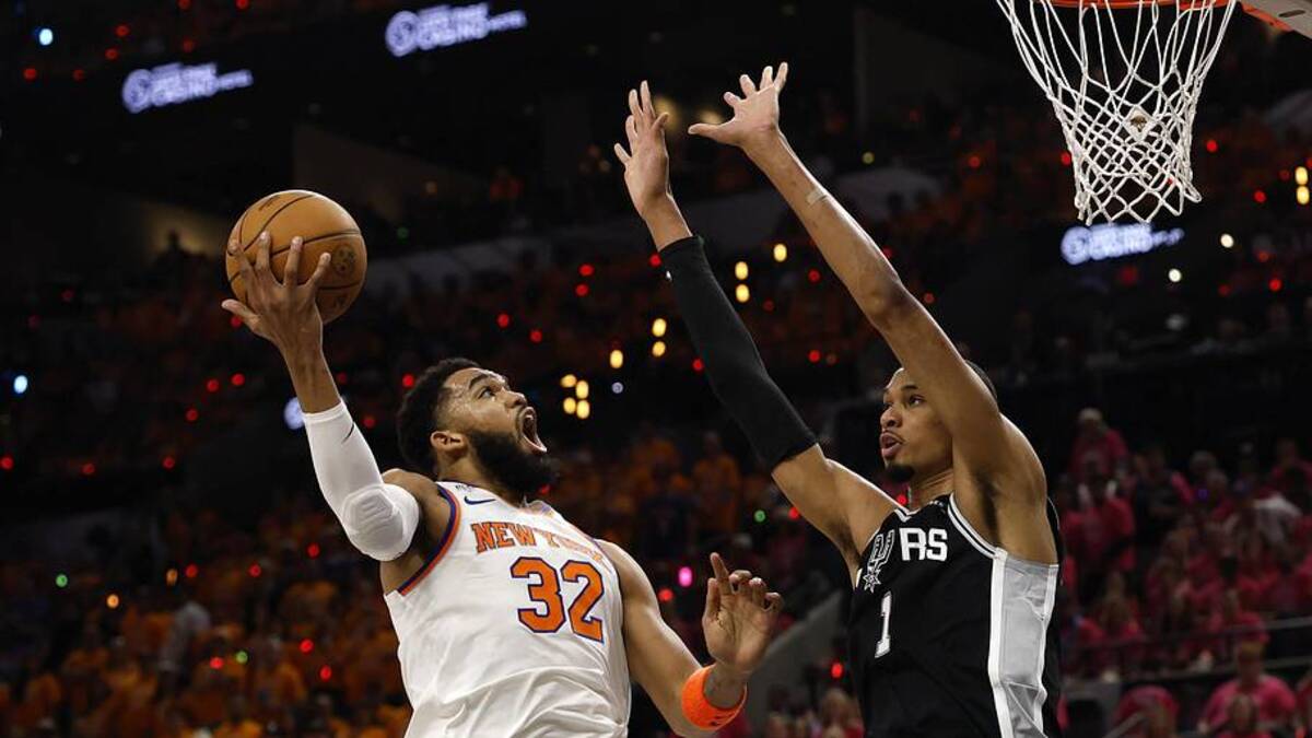 Knicks center Karl-Anthony Towns wasn't afraid to challenge Victor Wembanyama on the offensive end in Game 1. | Geoff Burke-Imagn Images 
