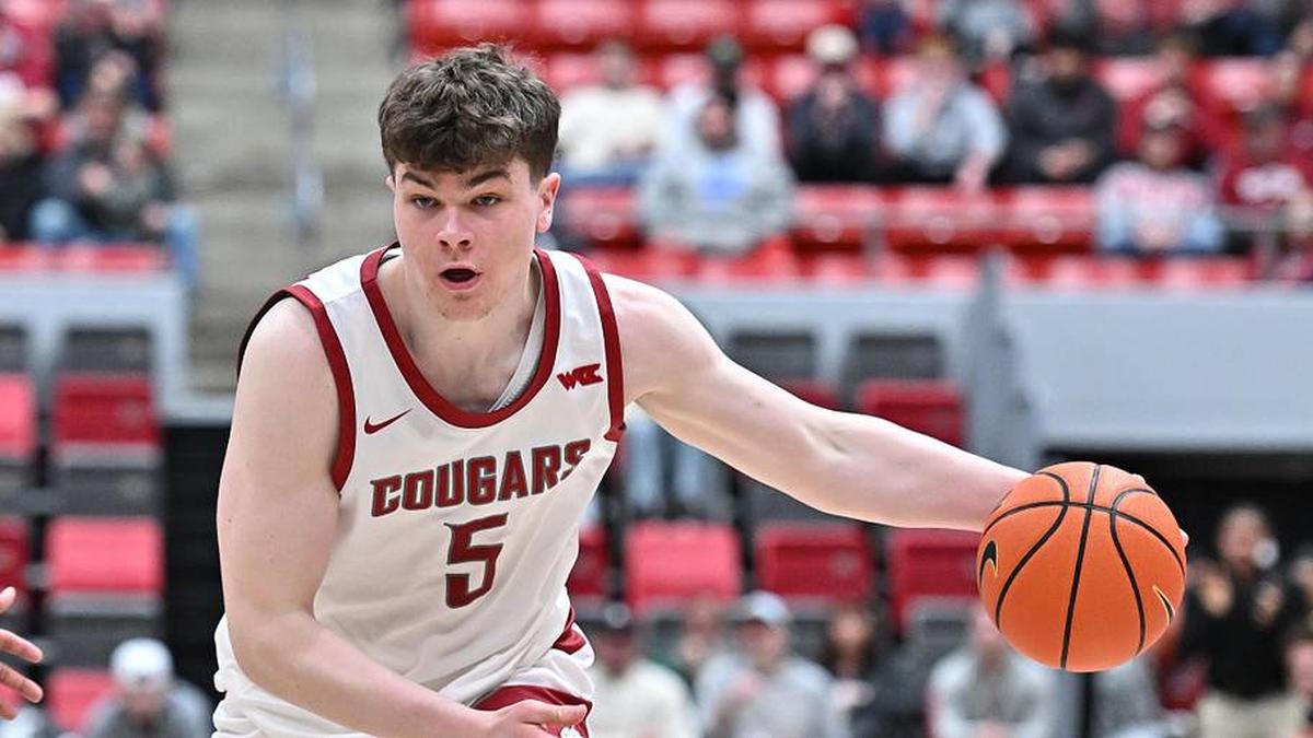  Jan 4, 2025; Pullman, Washington, USA; Washington State Cougars guard Tomas Thrastarson (5) grabs the inbounds pass against the San Francisco Dons in the second half at Friel Court at Beasley Coliseum. | James Snook-Imagn Images 