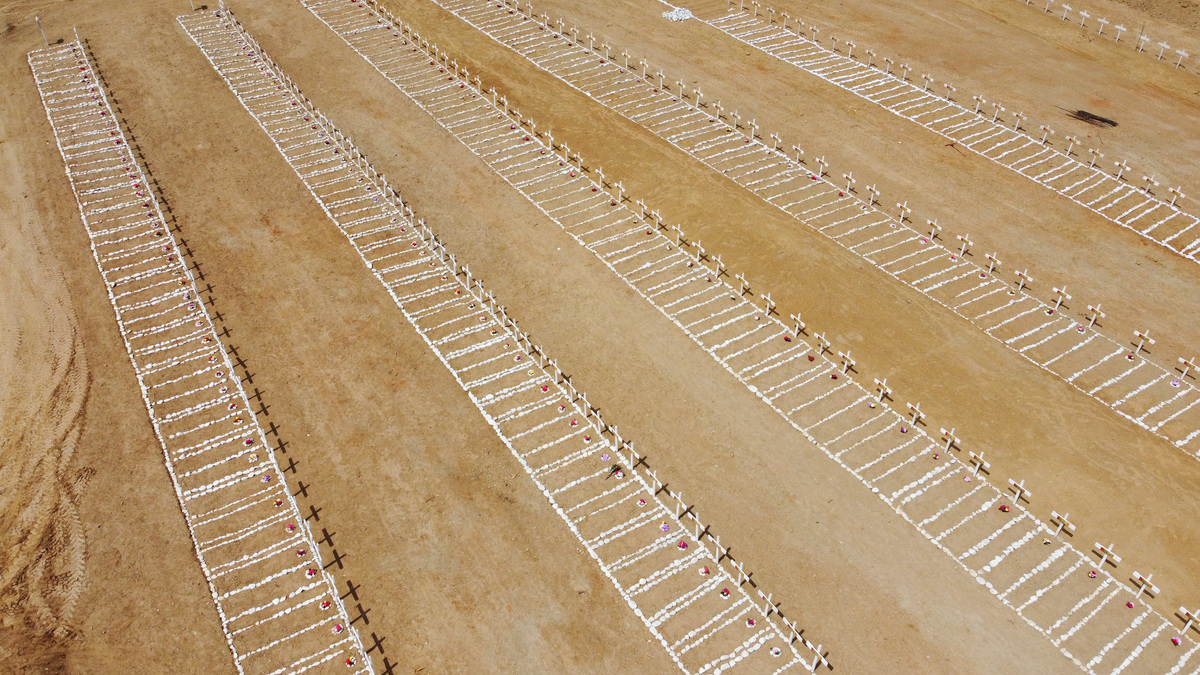 A drone view of crosses at La Esperanza Cemetery, where victims of the June 24 earthquakes are buried in La Guaira, Venezuela, July 12, 2026. REUTERS/Pablo Sanhueza 