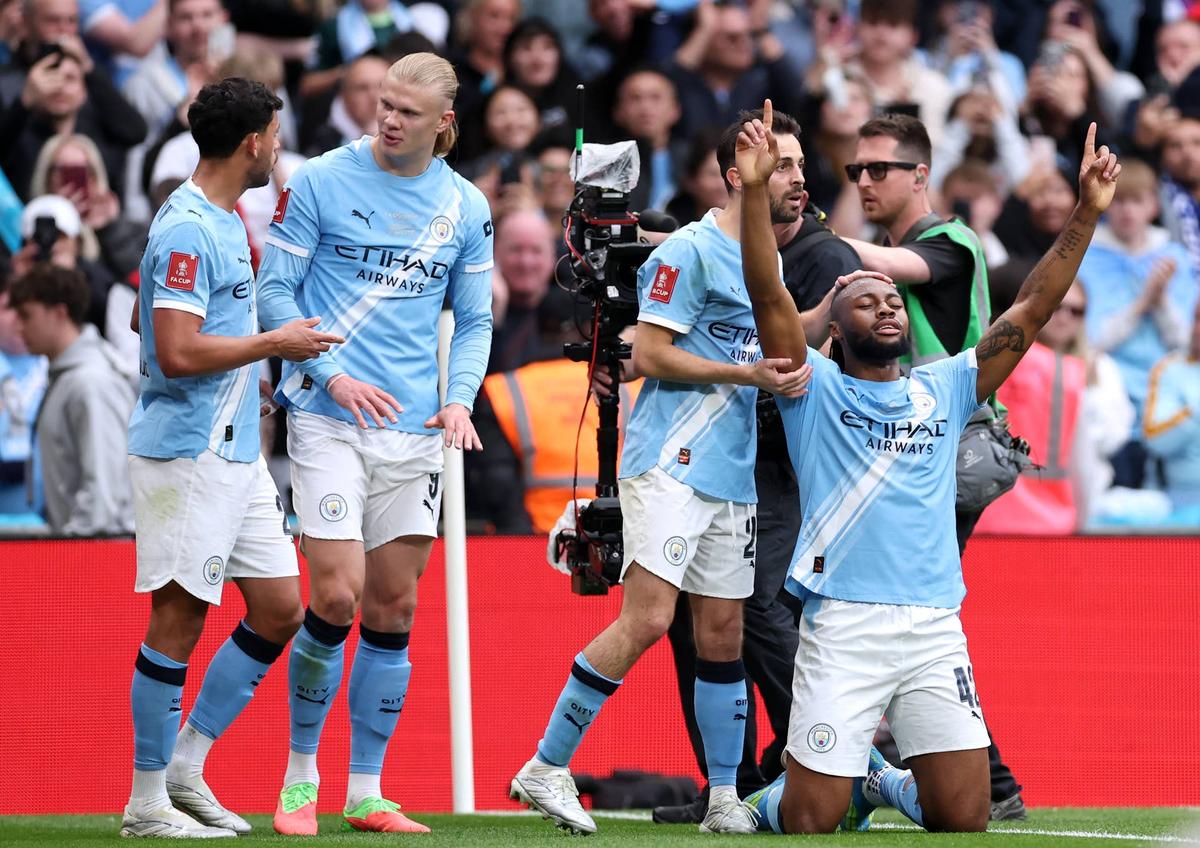  Antoine Semenyo of Manchester City celebrates scoring his team's first goal during the Emirates FA Cup Final match between Chelsea and Manchester City on May 16, 2026 in London, England. (Photo by Justin Setterfield/Getty Images) Photo by Justin Setterfield/Getty Images