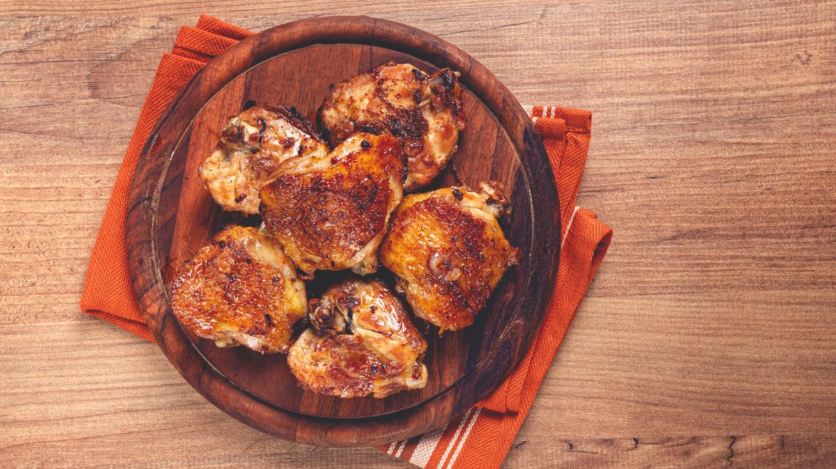 fried chicken thighs, with spices, homemade, no people,