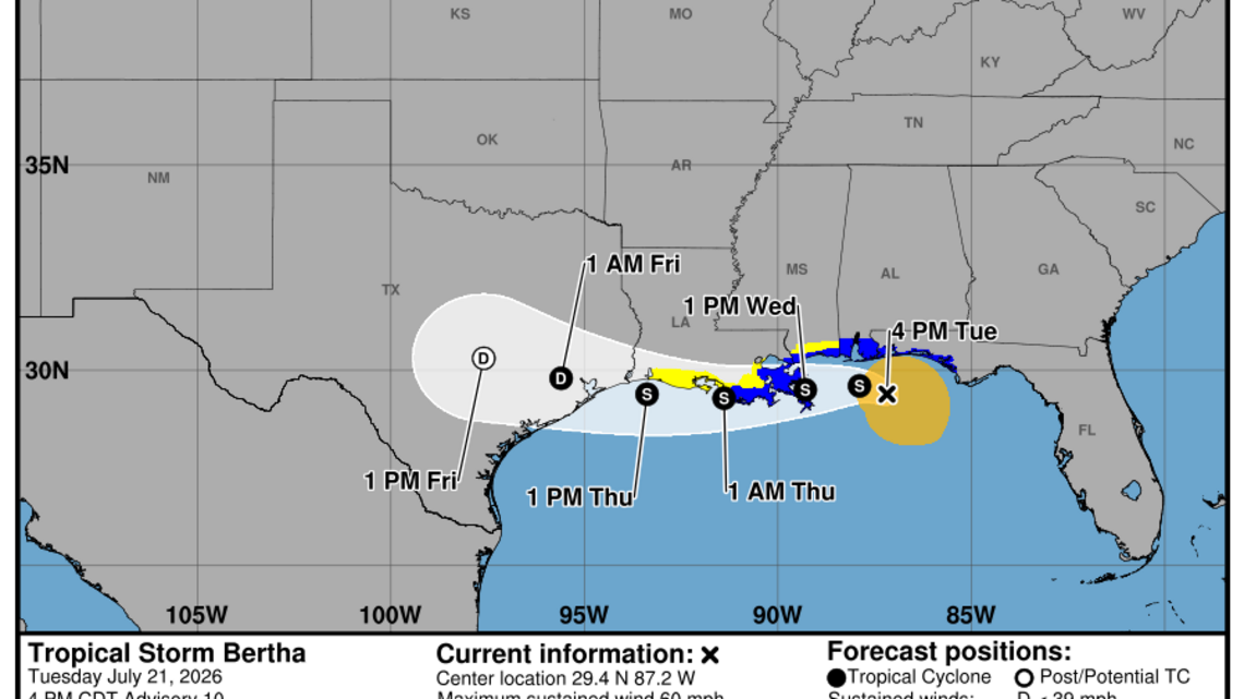 Latest update from the National Hurricane Center on Tropical Storm Bertha for Tuesday, July 21 