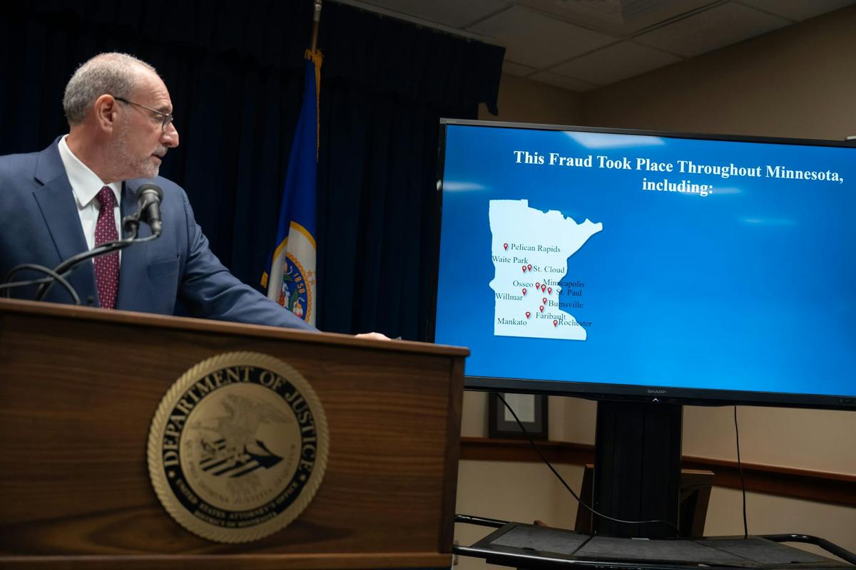  U.S. Attorney Andrew Luger announces, in 2022, a fraud case based in Minnesota involving the Feeding Our Future nonprofit. Glen Stubbe/Star Tribune via Getty Images 