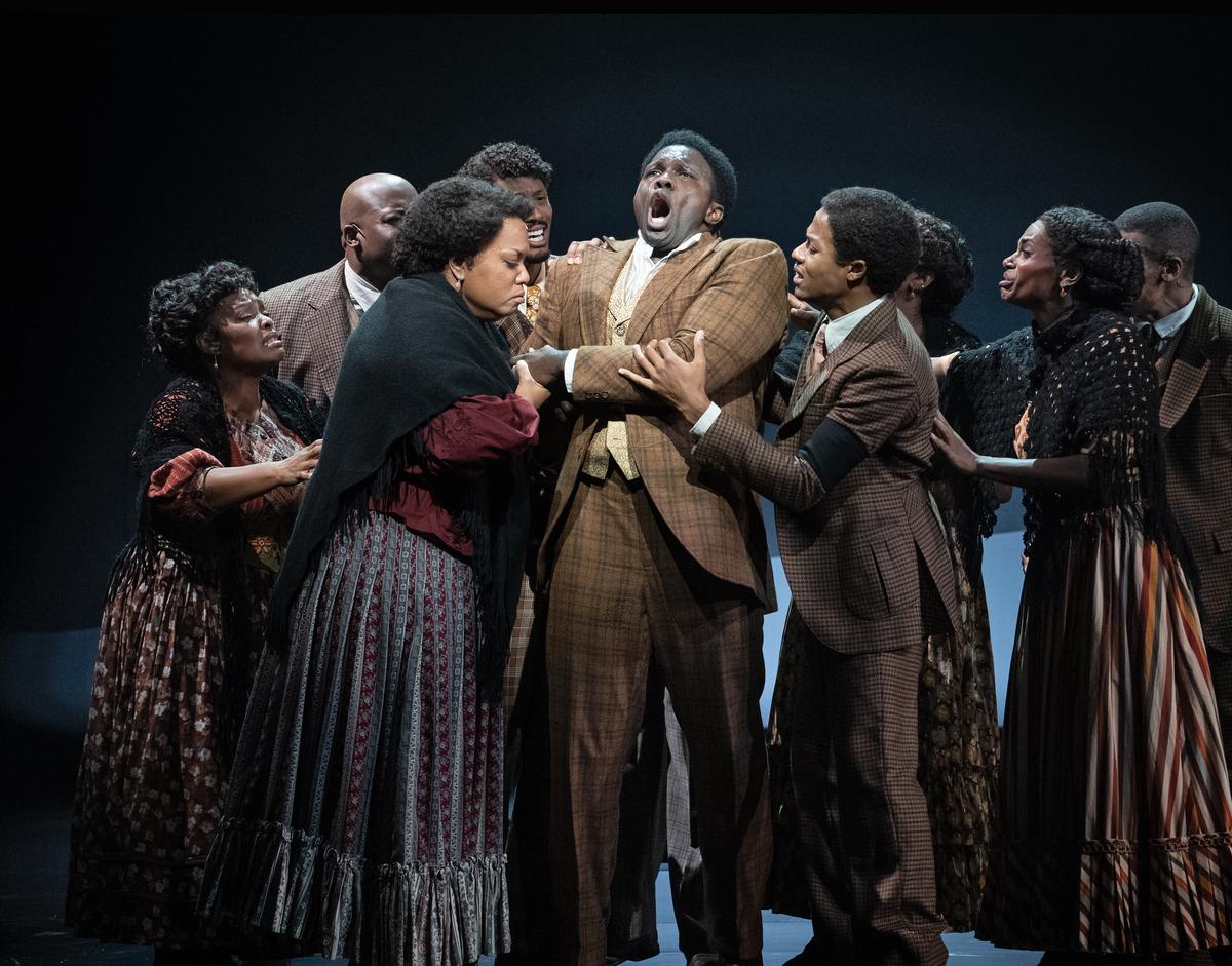 FILE -- Joshua Henry, center, as Coalhouse Walker Jr. in the musical "Ragtime," at the Vivian Beaumont Theater in New York, Sept. 25, 2025. The Lincoln Center Theater production received 11 Tony nominations. (Sara Krulwich/The New York Times)