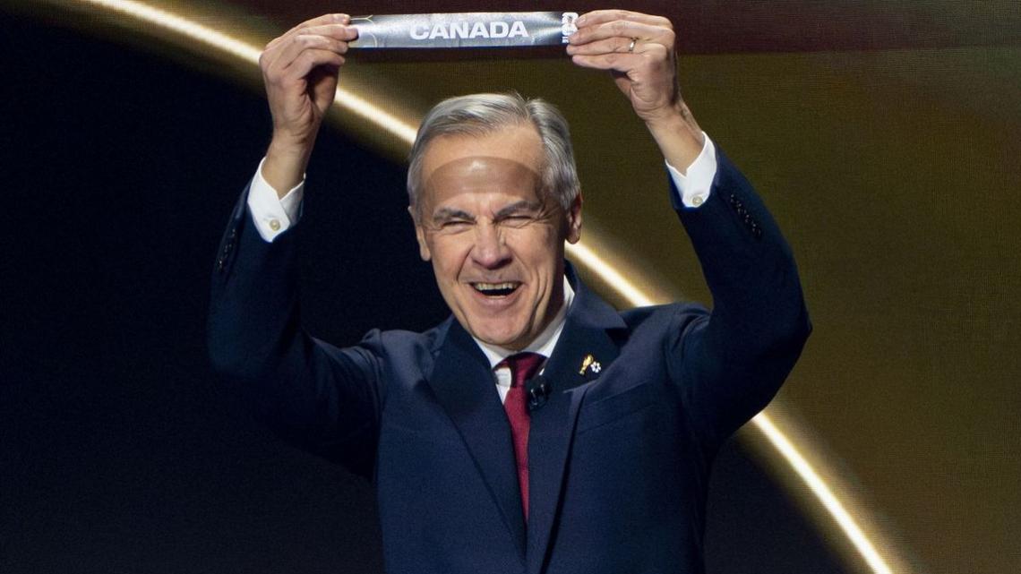 Prime Minister of Canada Mike Carney draws Canada during the 2026 FIFA World Cup Draw at the John F. Kennedy Center for Performing Arts in Washington, D.C., on Dec. 5. The Liberal Party of Canada won three byelections on Monday to give Carney a majority in the House of Commons. File Photo by Bonnie Cash/UPI