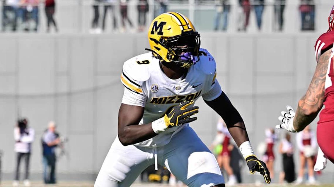  Oct 12, 2024; Amherst, Massachusetts, USA; Missouri Tigers defensive end Zion Young (9) in action against the Massachusetts Minutemen during the second half at Warren McGuirk Alumni Stadium. Mandatory Credit: Eric Canha-Imagn Images | Eric Canha-Imagn Images 