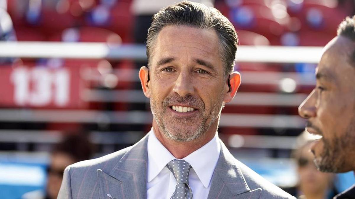 Feb 8, 2026; Santa Clara, CA, USA; NBC Sports analyst Kyle Shanahan prior to the New England Patriots game against the Seattle Seahawks in Super Bowl LX at Levi's Stadium. Mandatory Credit: Mark J. Rebilas-Imagn Images. 