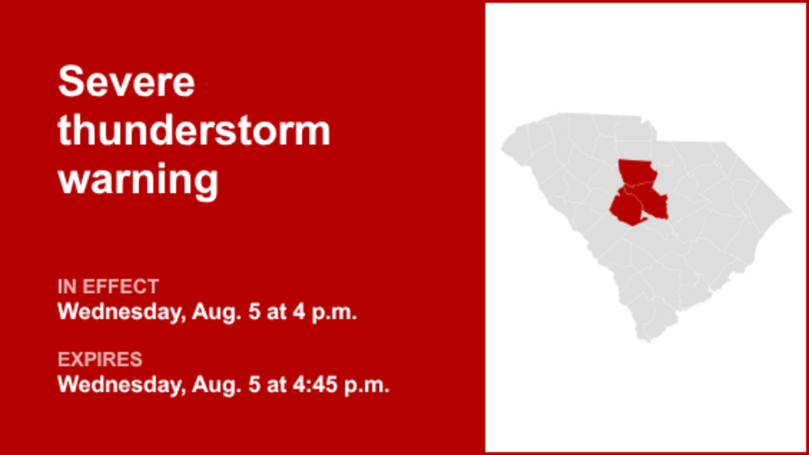 UPDATE: The severe thunderstorm warning for Midlands is anticipated to expire at 4:45 p.m. 