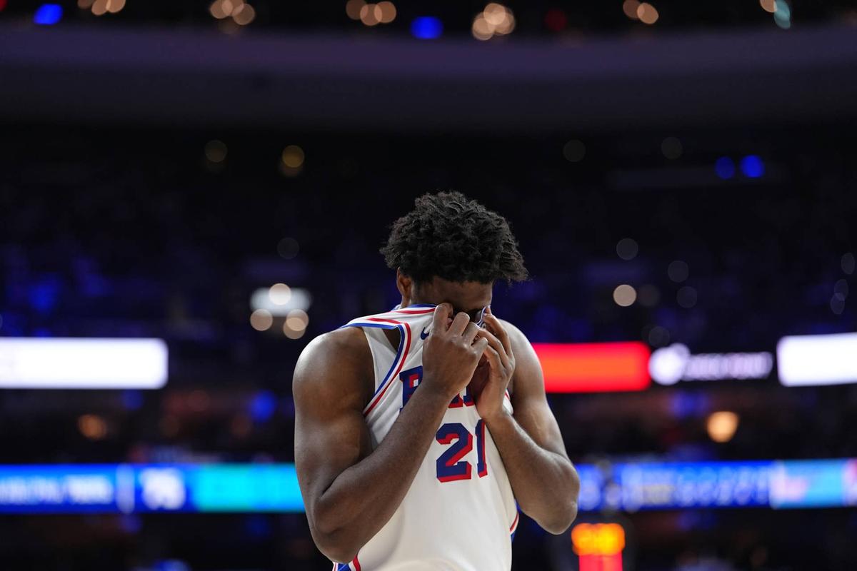  Philadelphia 76ers center Joel Embiid reacts on a play during series with the New York Knicks Kyle Ross-Imagn Images