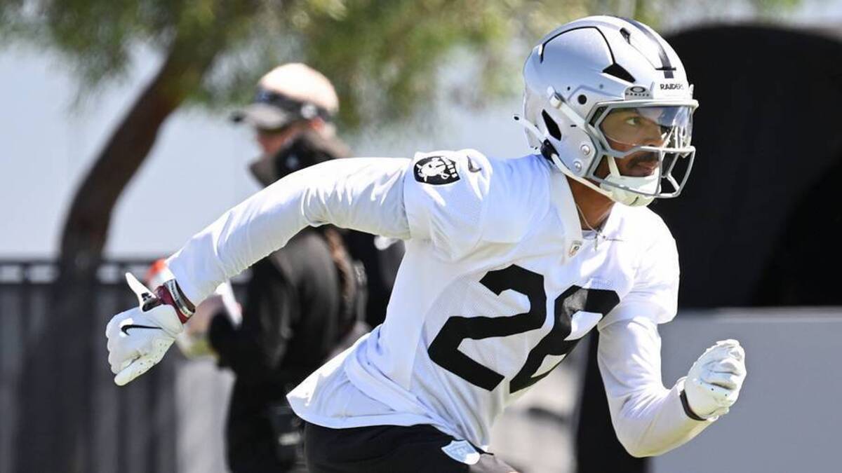  May 28, 2026; Henderson, NV, USA; Las Vegas Raiders cornerback Jermod McCoy (28) runs a drill during organized team activities at Intermountain Health Performance Center. Mandatory Credit: Candice Ward-Imagn Images | IMAGN IMAGES via Reuters Connect 