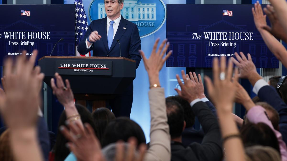 U.S. Treasury Secretary Scott Bessent takes questions during a press conference in the Brady Press Briefing Room at the White House on May 28, 2026, in Washington, D.C. Bessent held the briefing as White House Press Secretary Karoline Leavitt is away on maternity leave. (Alex Wong/Getty Images/TNS)
