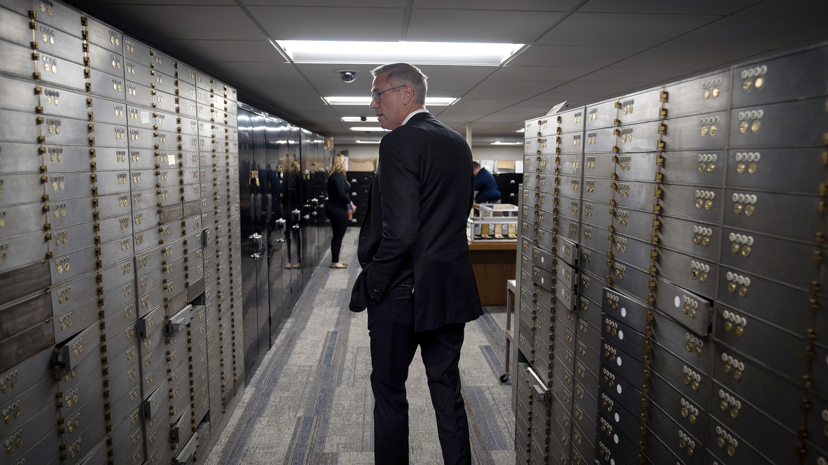 Illinois State Treasurer Michael Frerichs in the Treasurer's Office unclaimed property section vault in the basement of the Marine Bank Building, in Springfield, Illinois, on Oct. 15, 2024.