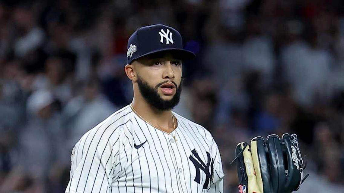  New York Yankees relief pitcher Devin Williams (38) reacts during the eighth inning of game two of the Wildcard round of the 2025 MLB playoffs against the Boston Red Sox at Yankee Stadium | Brad Penner-Imagn Images 