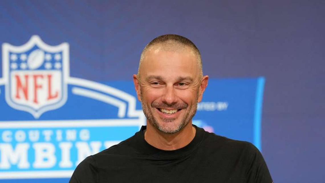  Feb 24, 2026; Indianapolis, IN, USA; Las Vegas Raiders general manager John Spytek speaks at the NFL Scouting Combine at the Indiana Convention Center. Mandatory Credit: Kirby Lee-Imagn Images | Kirby Lee-Imagn Images 