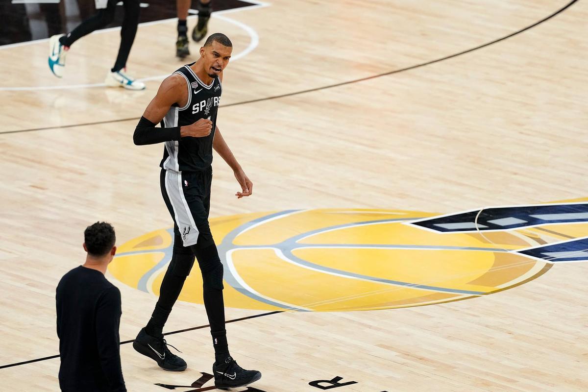  Jun 3, 2026; San Antonio, Texas, USA; San Antonio Spurs forward Victor Wembanyama (1) walks back up the court during the fourth quarter during game one against the New York Knicks of the 2026 NBA Finals at Frost Bank Center. Mandatory Credit: Daniel Dunn-Imagn Images 