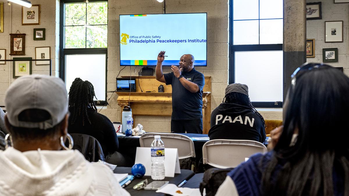 James "JT" Timpson, managing director for Community Violence Initiatives at the Roca Impact Institute, is lead facilitator on April 21, 2026, as the city’s Office of Public Safety holds its first-ever training program for community violence interrupters. (Tom Gralish/The Philadelphia Inquirer/TNS)