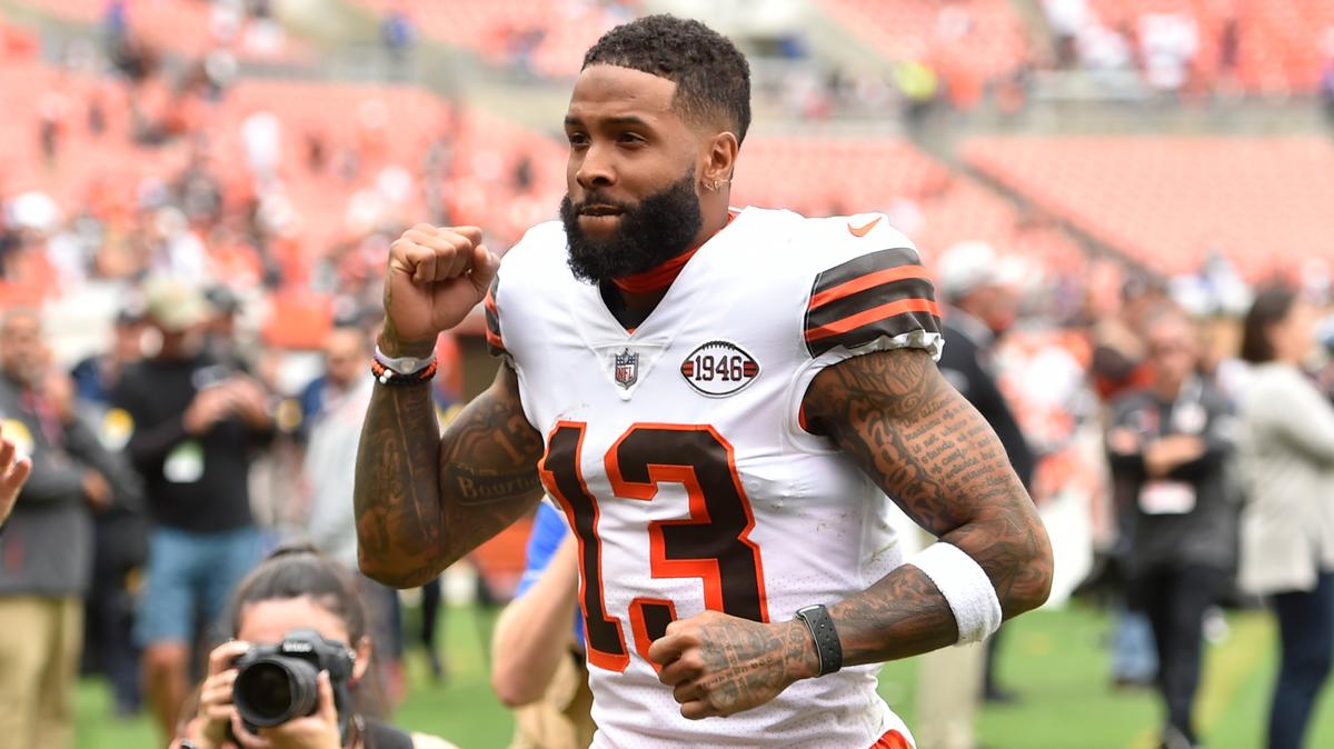 FILE - Cleveland Browns wide receiver Odell Beckham Jr. walks on the field after an NFL football game against the Chicago Bears on Sept. 26, 2021, in Cleveland. A disappointment and distraction before being released by the Browns, Beckham cleared NFL waivers without being claimed Tuesday, Nov. 9, 2021, and can now sign as a free agent with any team. (AP Photo/David Richard, File)