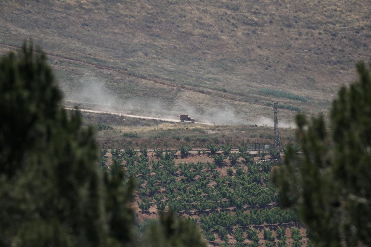 An Israeli military vehicle on a road in southern Lebanon, near the Israel-Lebanon border, as seen from northern Israel, June 2, 2026. REUTERS/Shir Torem     TPX IMAGES OF THE DAY