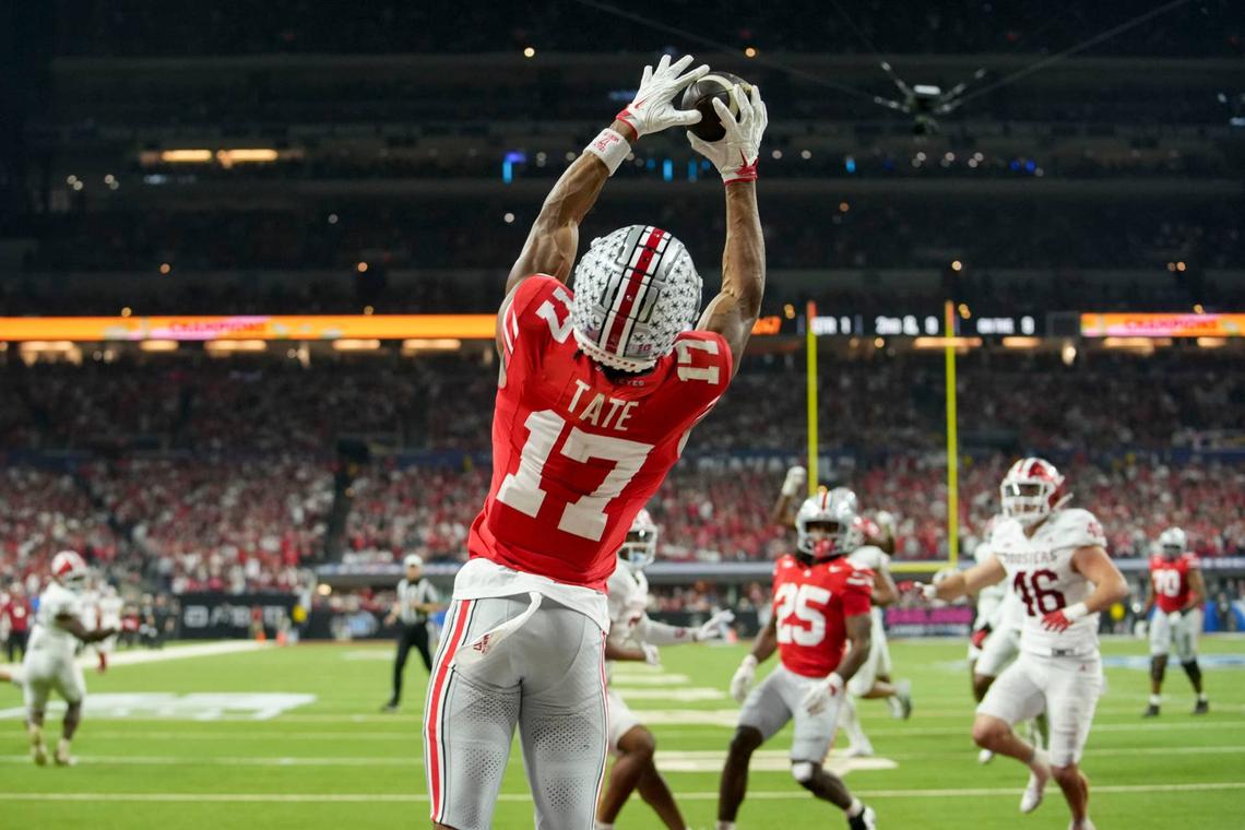  Ohio State Buckeyes wide receiver Carnell Tate makes a touchdown catch in the Big Ten Championship Game against the Indiana Hoosiers in Indianapolis on Dec. 6, 2025. Grace Smith / IndyStar / USA TODAY NETWORK via Imagn Images