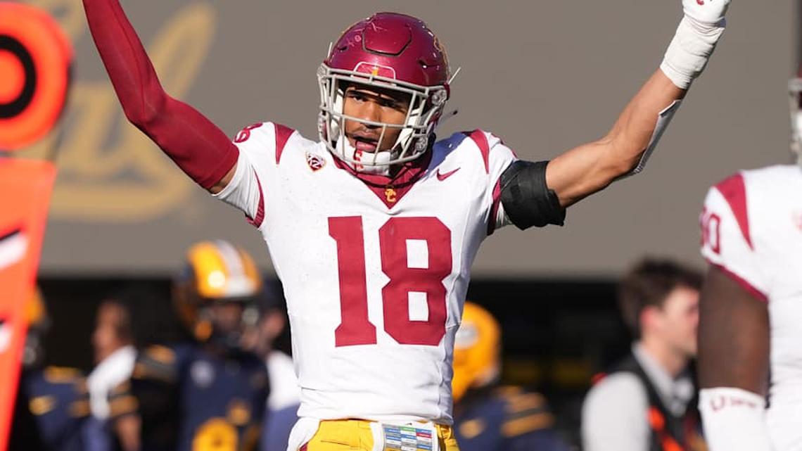  Oct 28, 2023; Berkeley, California, USA; USC Trojans linebacker Eric Gentry (18) gestures during the third quarter against the California Golden Bears at California Memorial Stadium. Mandatory Credit: Darren Yamashita-Imagn Images | Darren Yamashita-Imagn Images 