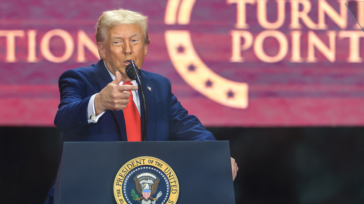 U.S. President Donald Trump speaks during the memorial service for political activist Charlie Kirk at State Farm Stadium on Sept. 21, 2025, in Glendale, Arizona. Kirk, the CEO and co-founder of Turning Point USA, was shot and killed on Sept. 10 while speaking at an event during his "American Comeback Tour" at Utah Valley University. (Joe Raedle/Getty Images/TNS)