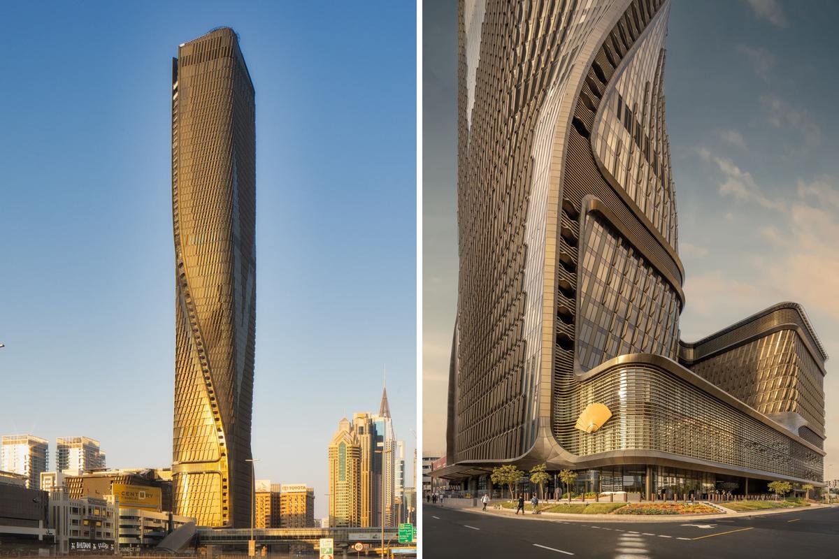  Exterior images of the Wasl Tower in Dubai, which has a twisted ceramic facade. 