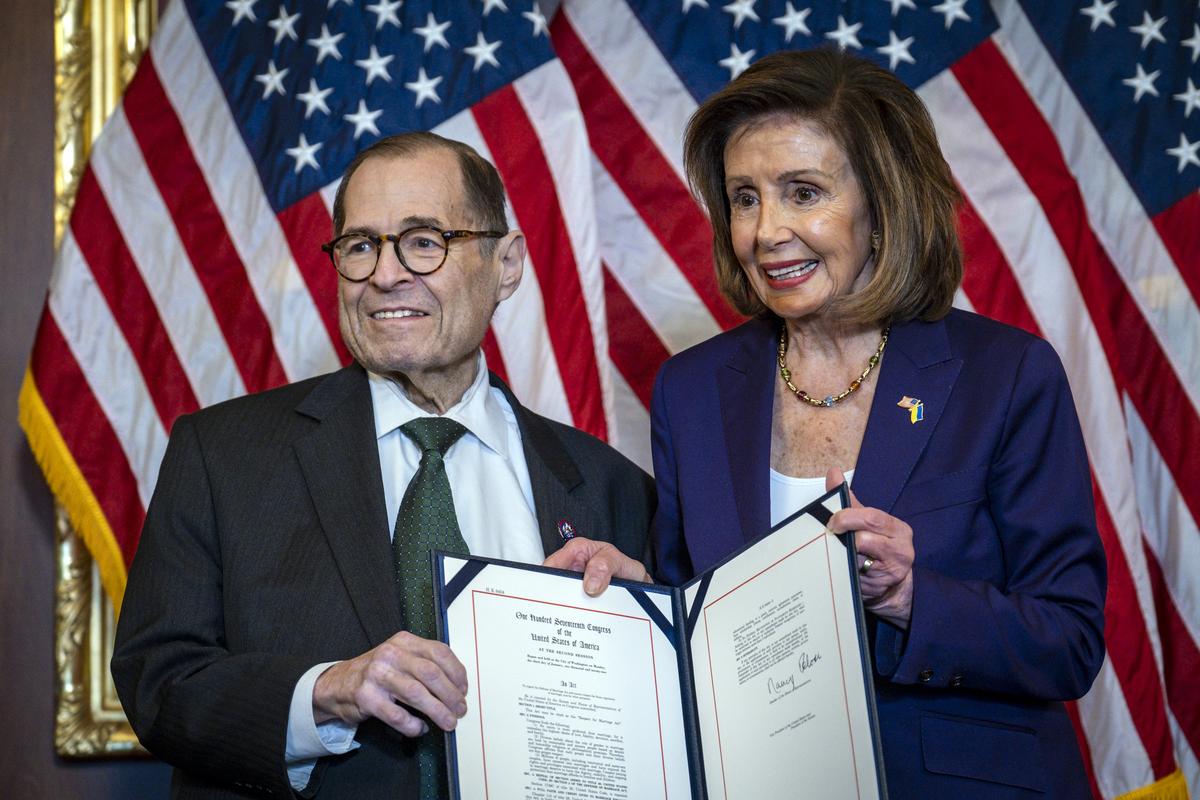 FILE -- Rep. Jerold "Jerry" Nadler (D-N.Y.) and then-House Speaker Nancy Pelosi (D-N.Y.) at the Capitol in Washington on Dec. 8, 2022. Pelosi and Nadler loomed large in their respective districts. Now that they are both retiring, a fierce fight is on to replace them. , then the House speaker, loomed large in their respective districts. Now that they are both retiring, a fierce fight is on to replace them. (Pete Marovich/The New York Times)