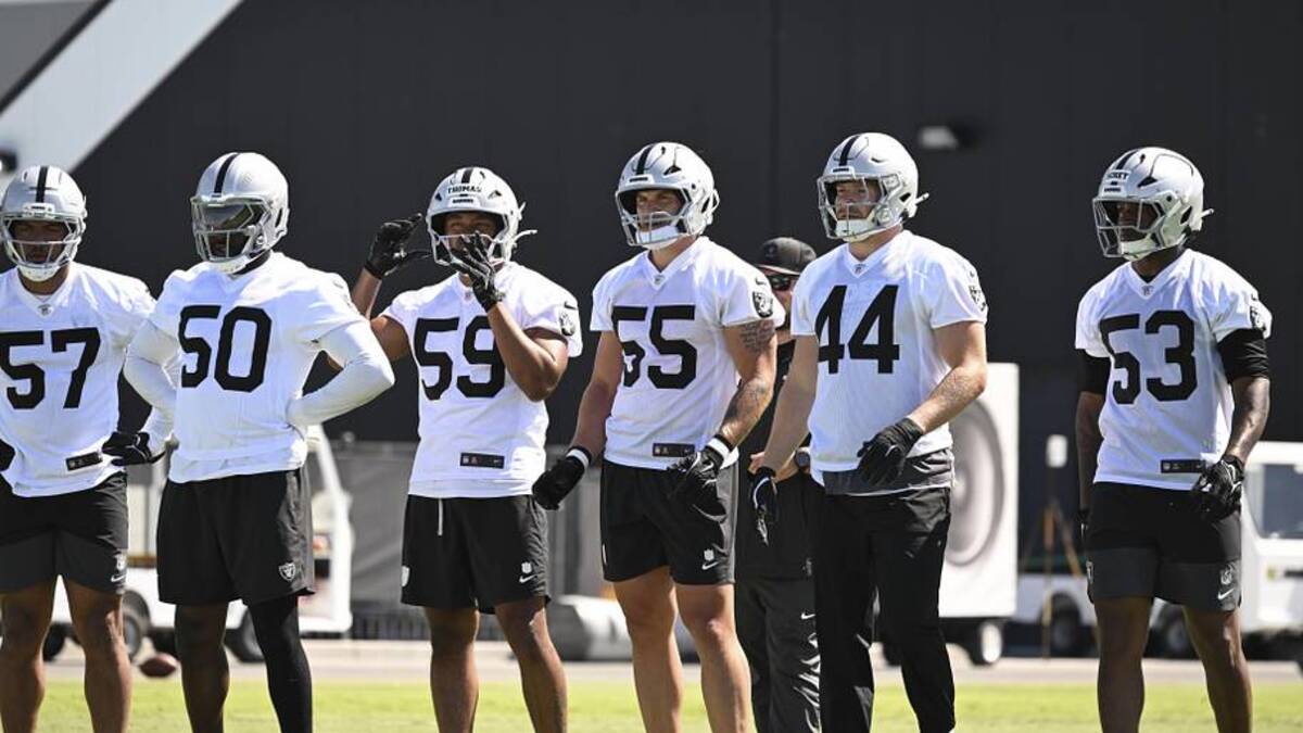  May 20, 2026; Henderson, NV, USA; Las Vegas Raiders linebacker Cameron McGrone (57), linebacker Segun Olubi (50), linebacker Chris Thomas (59), linebacker Cody Lindenberg (55), linebacker Tommy Eichenberg (44) and linebacker Xavian Sorey Jr. (53) practice during organized team activities at Intermountain Health Performance Center. Mandatory Credit: Candice Ward-Imagn Images | Candice Ward-Imagn Images 