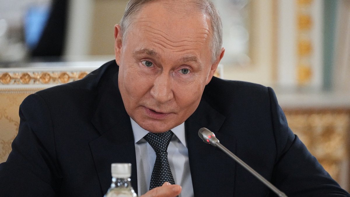 Russian President Vladimir Putin speaks to representatives of international news agencies on the sidelines of the St. Petersburg International Economic Forum, at the Constantine Palace in St. Petersburg, Russia, June 4, 2026.      Dmitri Lovetsky/Pool via REUTERS