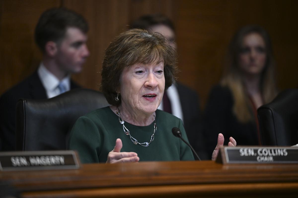 FILE -- Sen. Susan Collins (R-Maine) speaks during a hearing at the U.S. Capitol in Washington, April 22, 2026. Collins is known to oppose the most extreme parts of President Trump's agenda. (Kenny Holston/The New York Times)