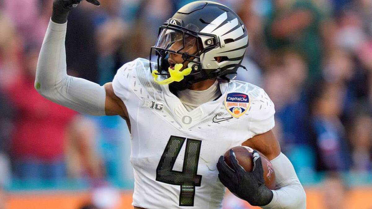  Oregon defensive back Brandon Finney Jr. celebrates an interception as the Oregon Ducks take on the Texas Tech Red Raiders in the Orange Bowl on Jan. 1, 2026, at Hard Rock Stadium in Miami, Florida. | USA TODAY Network via Reuters Connect 