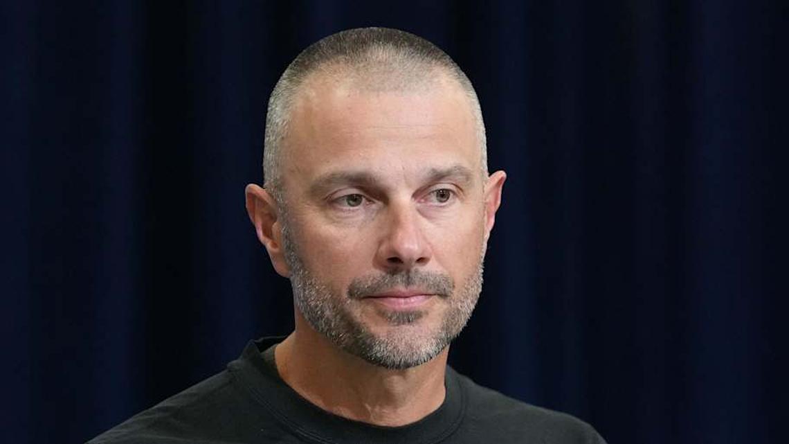  Feb 24, 2026; Indianapolis, IN, USA; Las Vegas Raiders general manager John Spytek speaks at the NFL Scouting Combine at the Indiana Convention Center. Mandatory Credit: Kirby Lee-Imagn Images | Kirby Lee-Imagn Images 