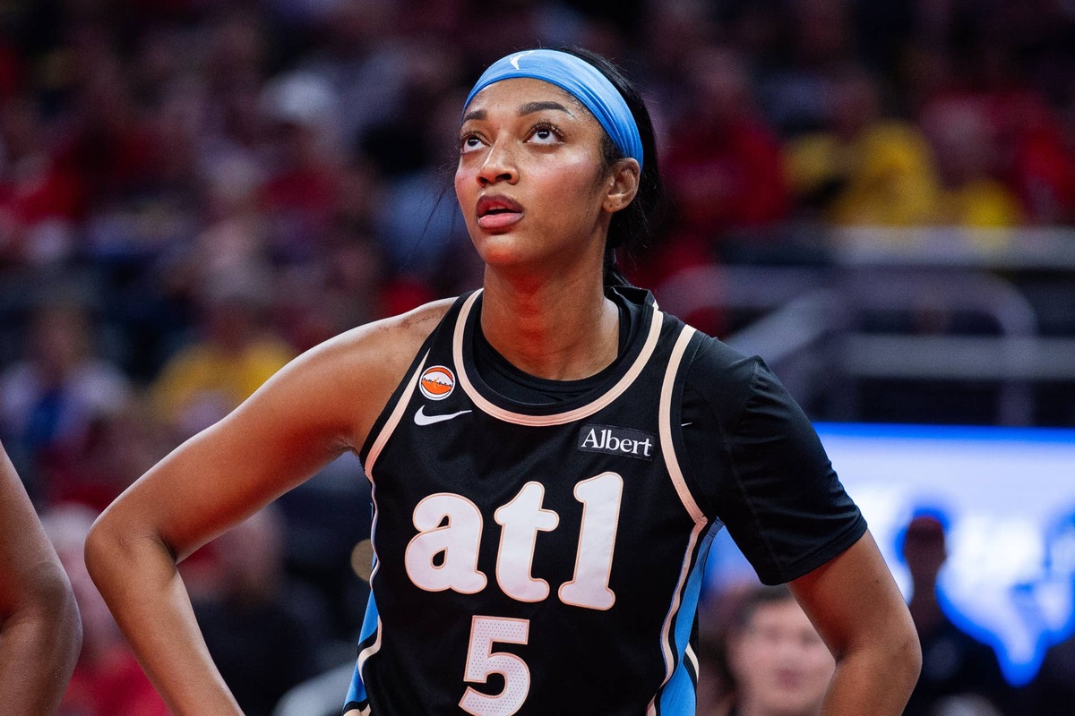  Jun 4, 2026; Indianapolis, Indiana, USA; Atlanta Dream forward Angel Reese (5) looks on against the Indiana Fever during the first half at Gainbridge Fieldhouse. Mandatory Credit: Trevor Ruszkowski-Imagn Images 
