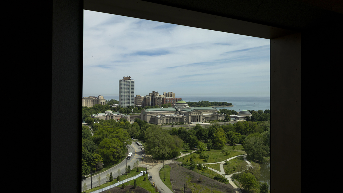 The Griffin Museum of Science and Industry is visible from the top of the Obama Presidential Center as it prepares for opening Wednesday, June 3, 2026, in Chicago’s Jackson Park. (Brian Cassella/Chicago Tribune/TNS)