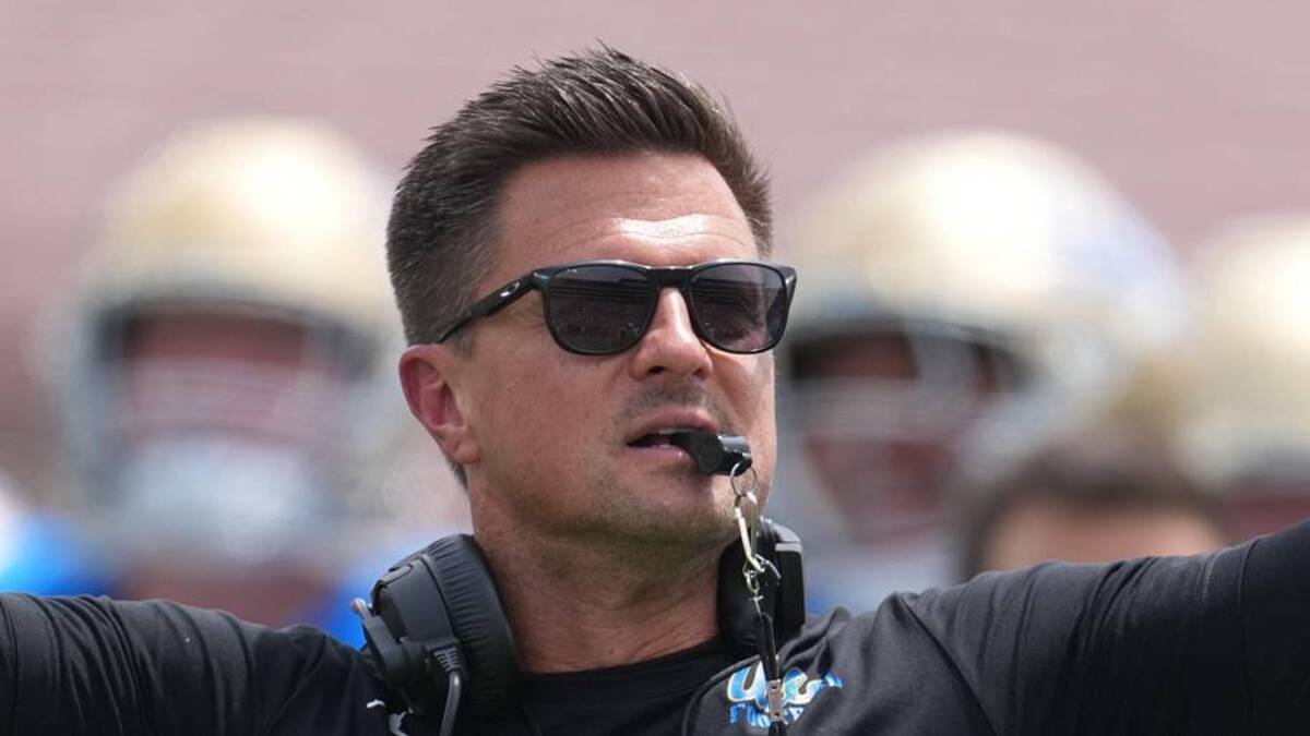  May 2, 2026; Pasadena, CA, USA; UCLA Bruins coach Bob Chesney reacts during the spring game at Rose Bowl. Mandatory Credit: Kirby Lee-Imagn Images | Kirby Lee-Imagn Images 