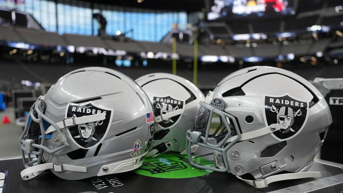  Nov 23, 2025; Paradise, Nevada, USA; Las Vegas Raiders helmets on the sidelines at Allegiant Stadium. Mandatory Credit: Kirby Lee-Imagn Images | Kirby Lee-Imagn Images 