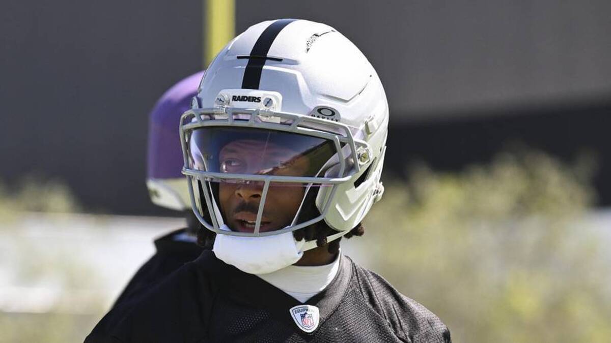  May 28, 2026; Henderson, NV, USA; Las Vegas Raiders wide receiver Tre Tucker (1) runs through a drill during organized team activities at Intermountain Health Performance Center. Mandatory Credit: Candice Ward-Imagn Images | Candice Ward-Imagn Images 