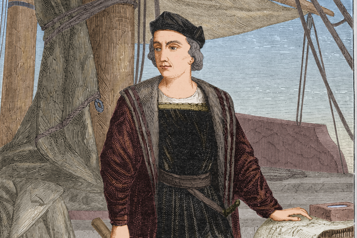  Stock illustration of Christopher Columbus on board a sailing ship. 