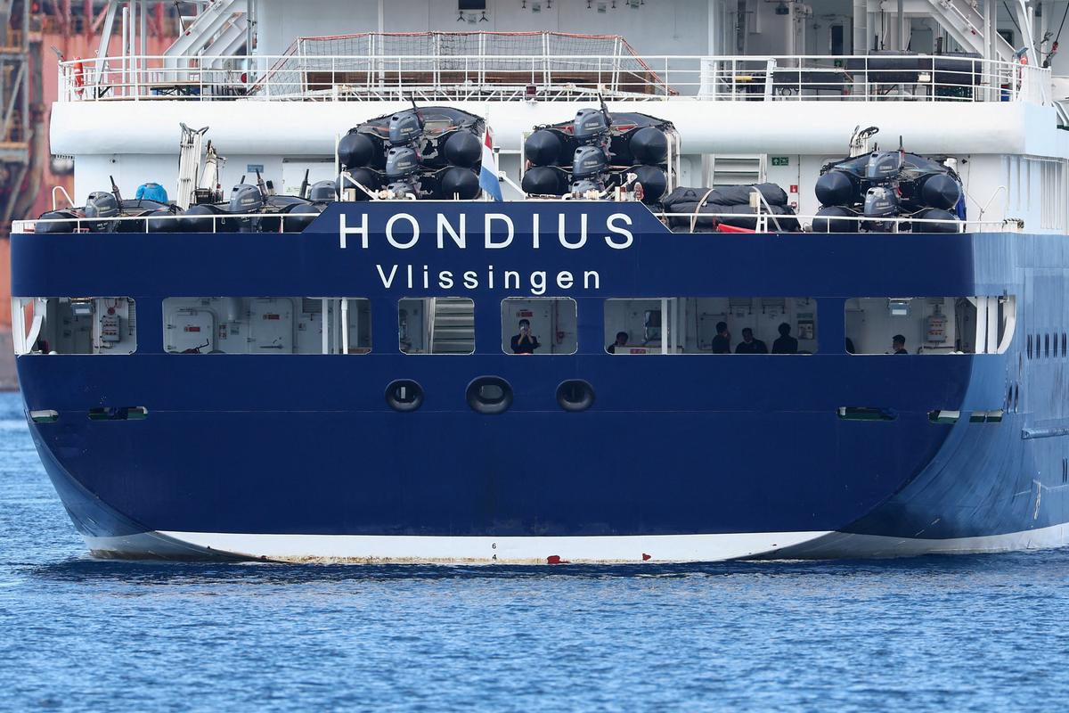 The cruise ship MV Hondius, affected by a hantavirus outbreak, at the port of Granadilla de Abona, Tenerife, Spain, May 11, 2026. REUTERS/Pedro Nunes