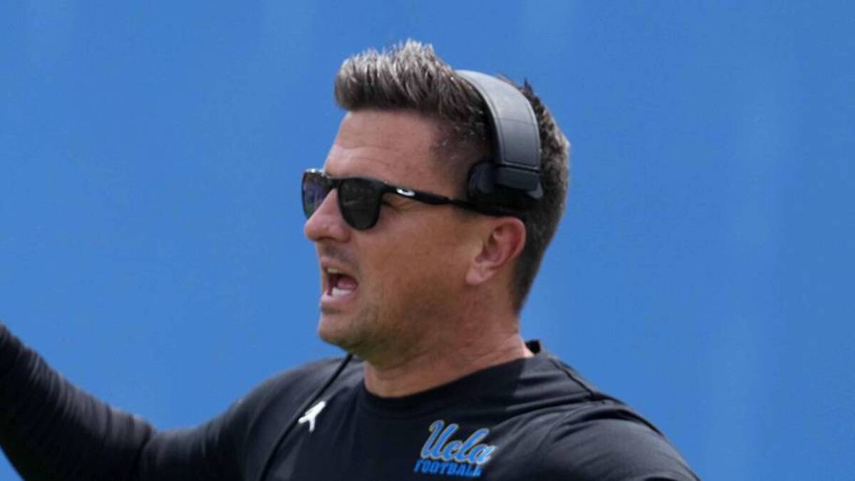  May 2, 2026; Pasadena, CA, USA; UCLA Bruins coach Bob Chesney reacts during the spring game at Rose Bowl. Mandatory Credit: Kirby Lee-Imagn Images | Kirby Lee-Imagn Images 