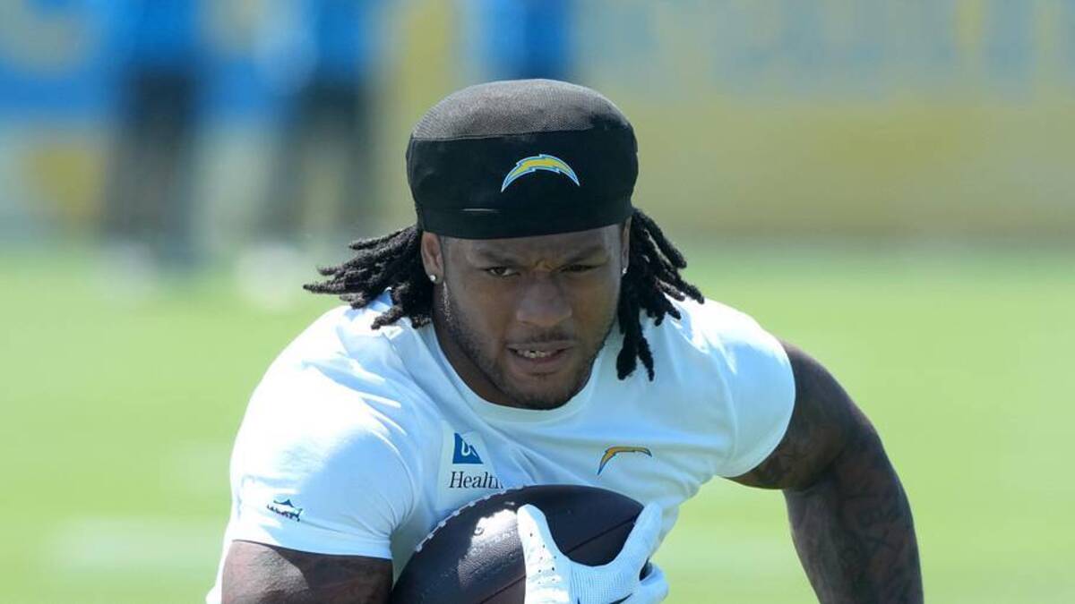  May 19, 2026; El Segundo, CA, USA; Los Angeles Chargers running back Omarion Hampton (8) carries the ball during offseason workouts at The Bolt. Mandatory Credit: Kirby Lee-Imagn Images | Kirby Lee-Imagn Images 