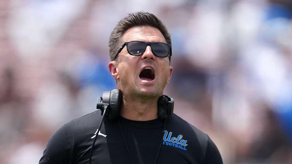  May 2, 2026; Pasadena, CA, USA; UCLA Bruins coach Bob Chesney reacts during the spring game at Rose Bowl. Mandatory Credit: Kirby Lee-Imagn Images | Kirby Lee-Imagn Images 