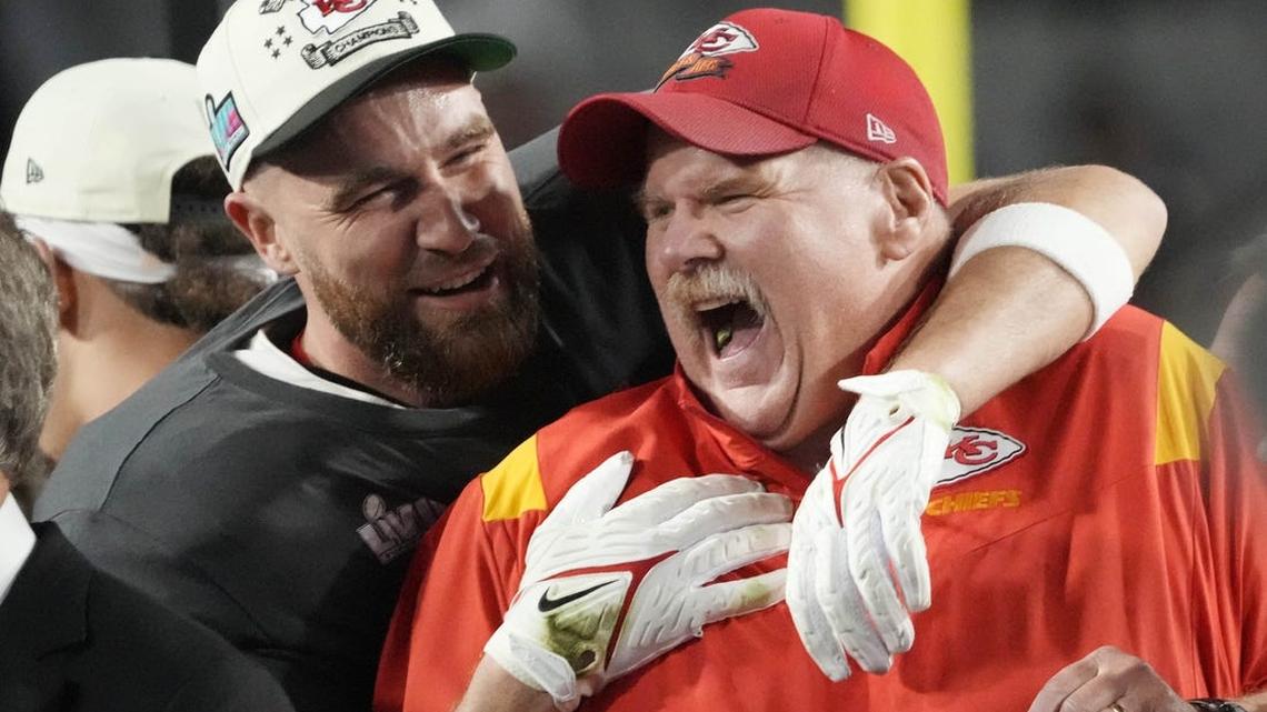 Coach Andy Reid and tight end Travis Kelce celebrated the Kansas City Chiefs’ win over the Philadelphia Eagles in Super Bowl LVII last year at State Farm Stadium in Glendale, Arizona.